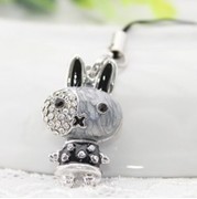 韩国饰品满钻灰色兔子手机链批发-双面兔(银色)