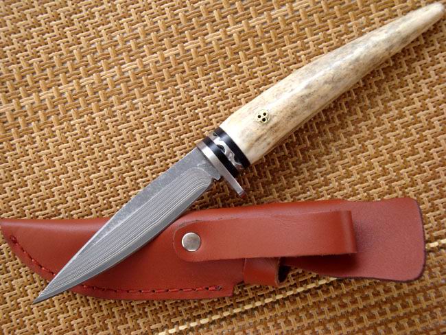 原只野鹿角手柄 日本进口大马士革钢小直刀 纯手工精制