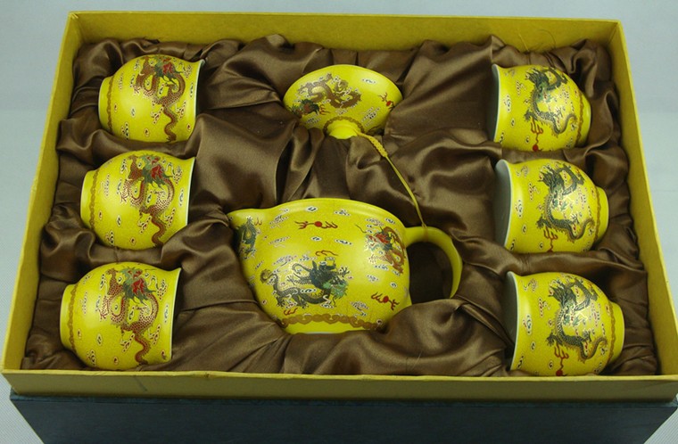 景德镇骨瓷7头双层杯茶具套装-黄云龙