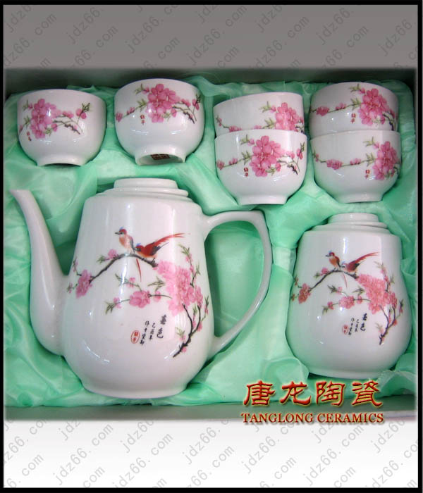 供应茶具，陶瓷茶具，高档手绘水点桃花陶瓷茶具，景德镇陶瓷茶具