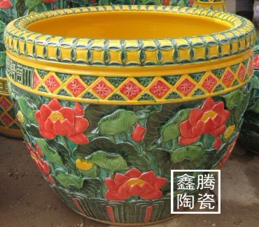 手工微雕陶瓷大缸 陶瓷高脚缸 陶瓷鱼缸 乔迁礼品陶瓷大缸