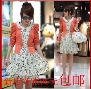韩版女装2012新款春装假两件套波点修身淑女长袖连衣裙