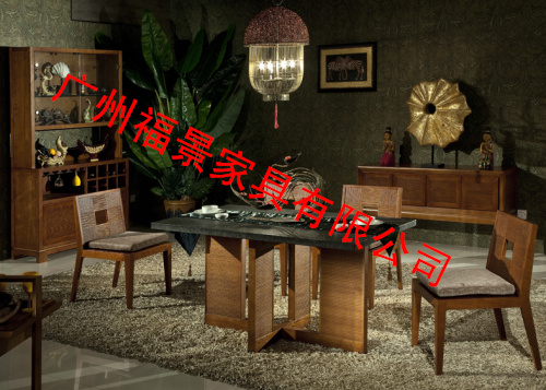 东南亚风格 三木印象实木家具 槟榔色餐桌、餐椅